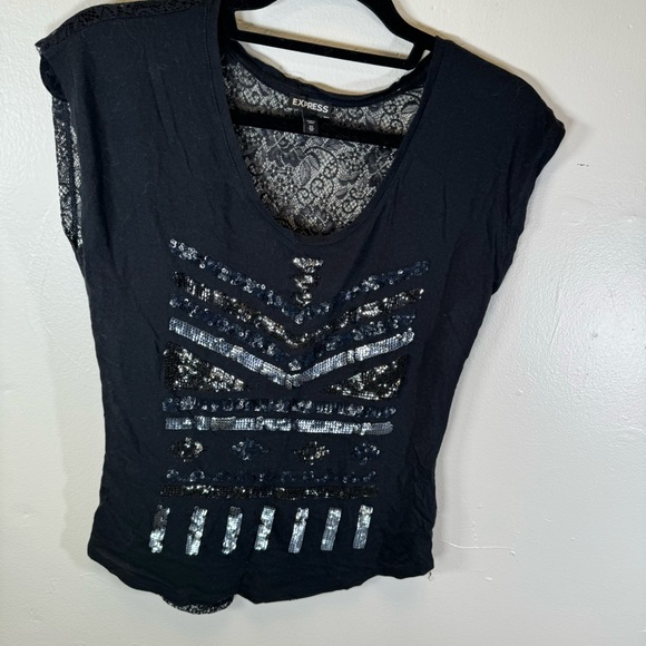 EXPRESS mesh back black tee silver sequin short sleeve XS witchy festival goth - Picture 4 of 9